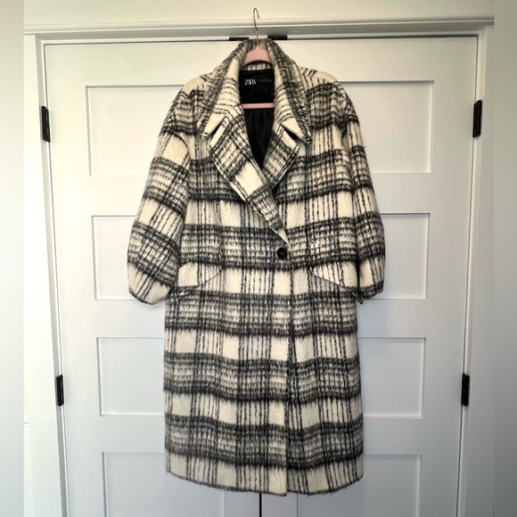 ZARA Black & White Plaid Brushed Wool Oversized Long Wool Coat - Picture 14 of 14